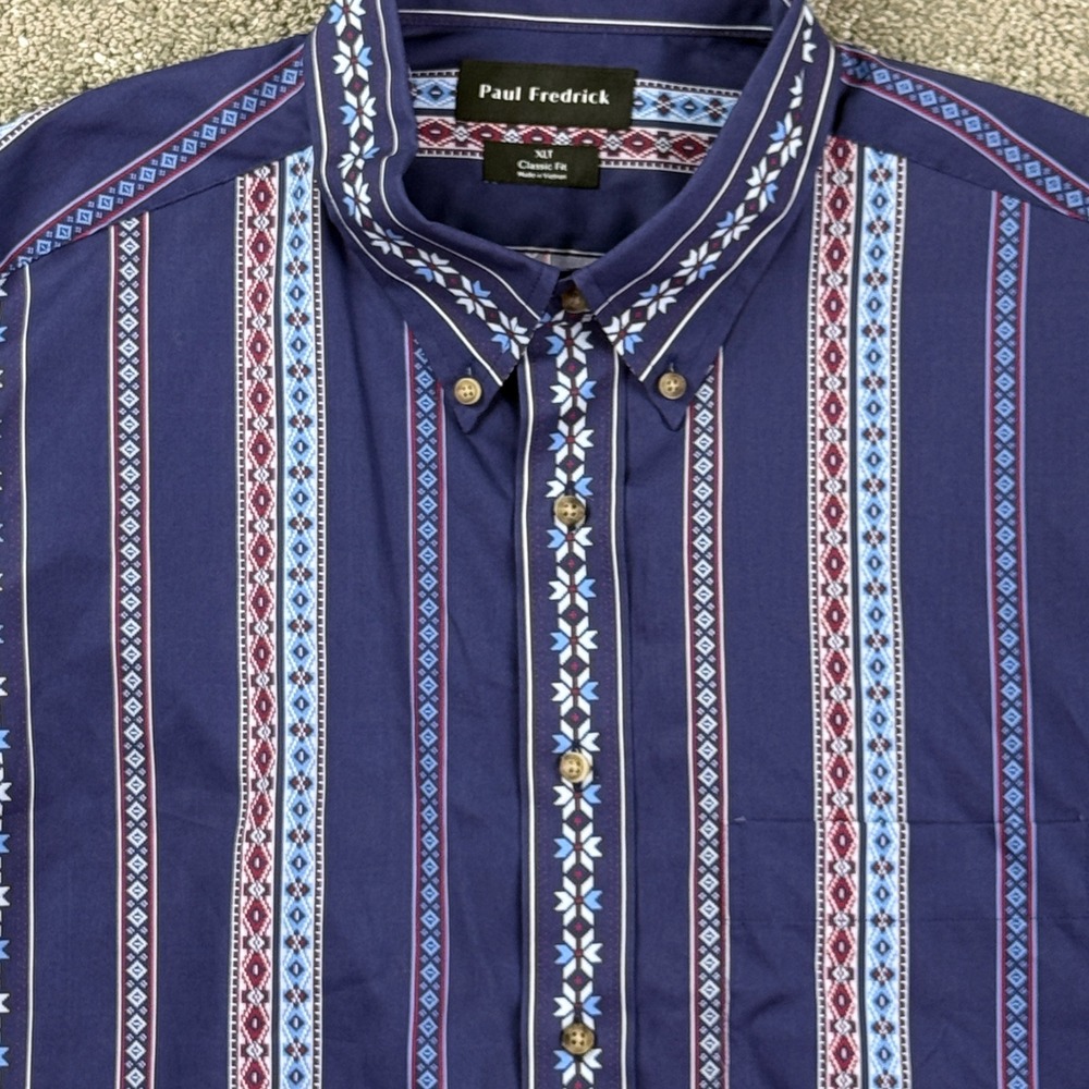 Paul Fredrick Mens XL Tall Shirt Navy Geometric Stripe 100% Cotton NWT